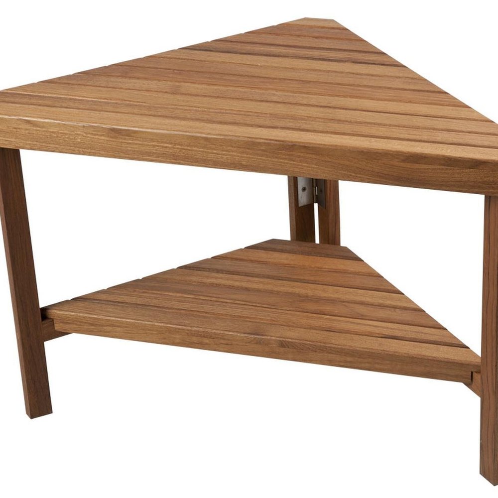 18" X 31" Brown Teak Corner Shower Bench With Shelf