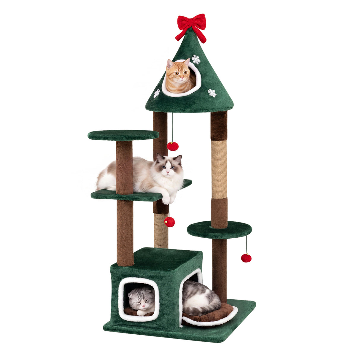 54"Christmas Cat Tree with 2 Condos and Removable Cushion-Green