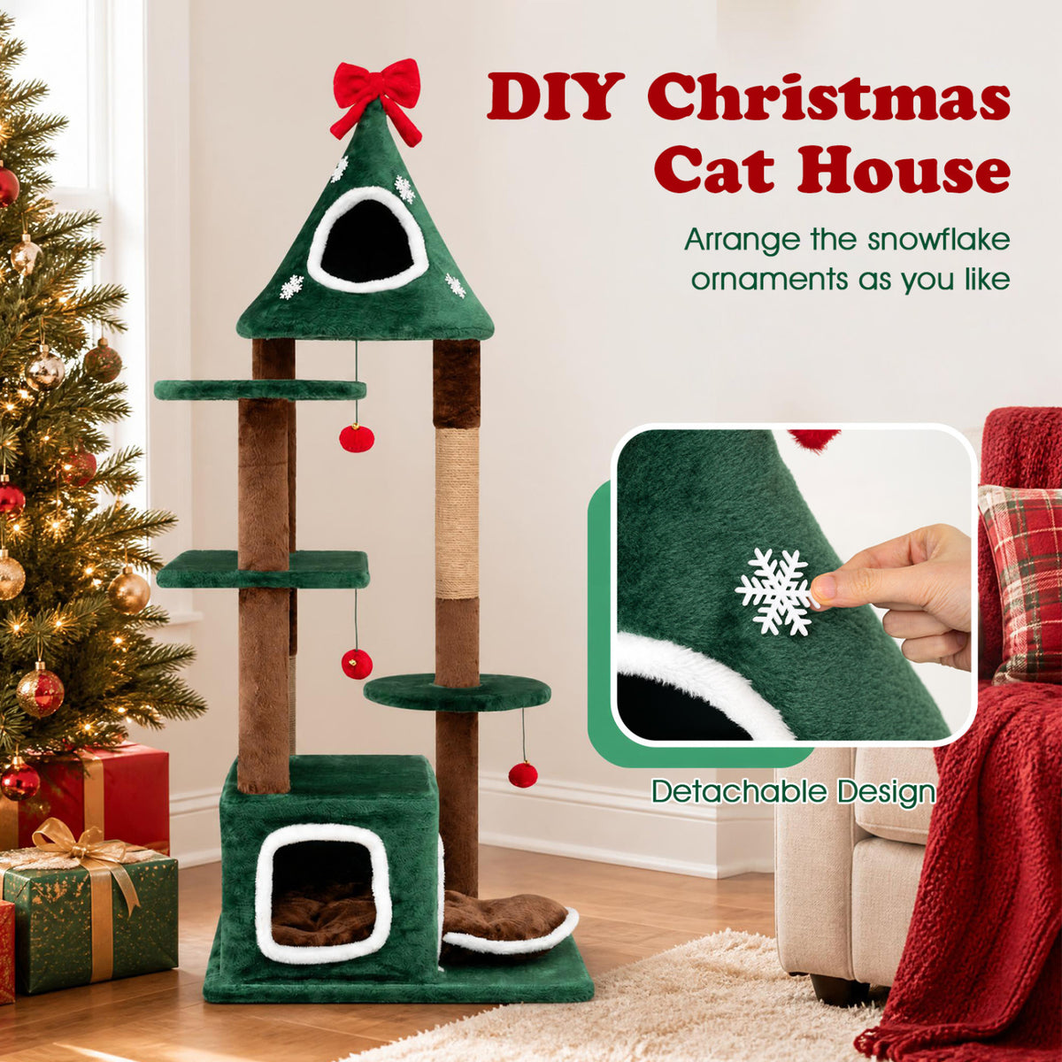54"Christmas Cat Tree with 2 Condos and Removable Cushion-Green