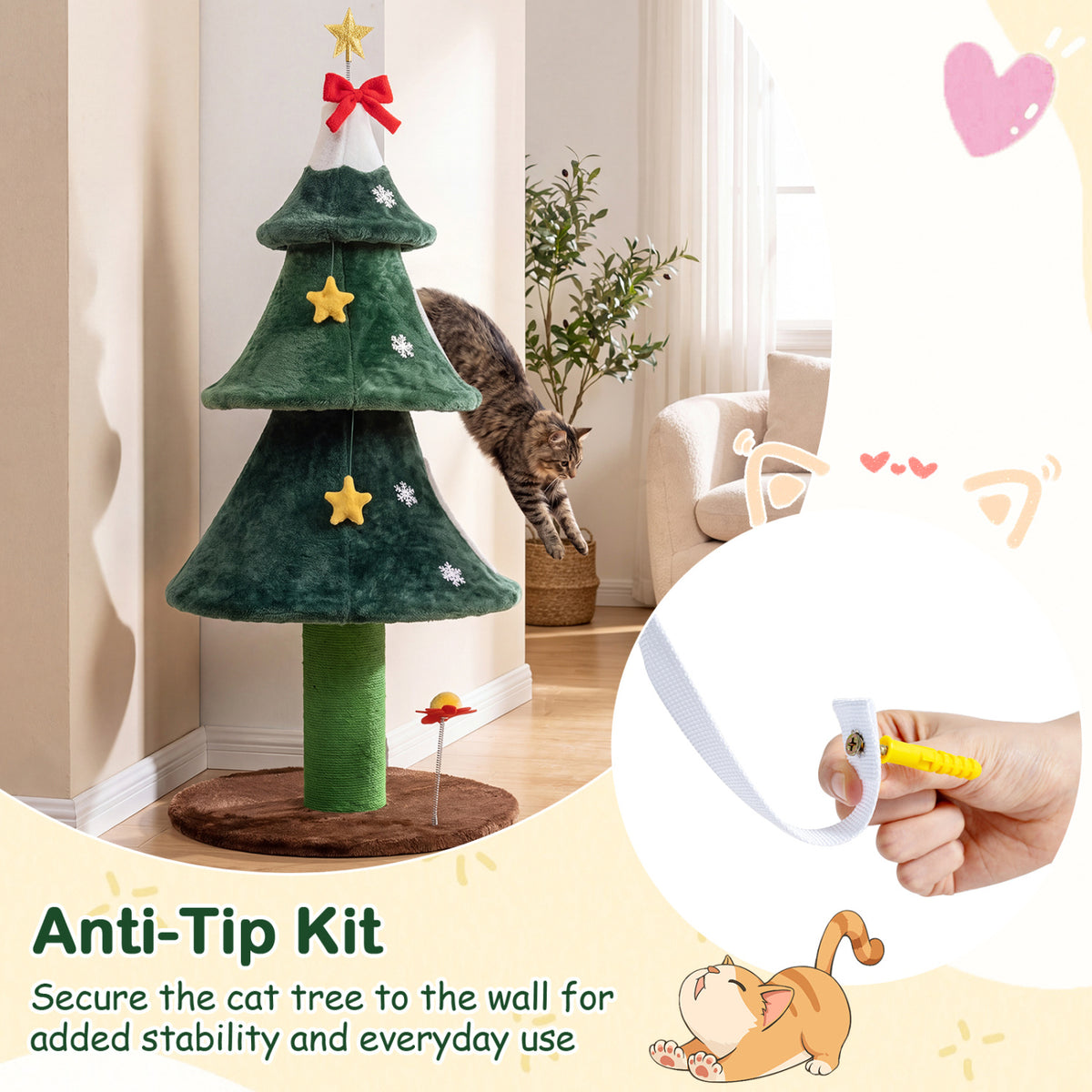 54 Inch Christmas Cat Tree with 2 Private Condos for Indoor Cats-Green