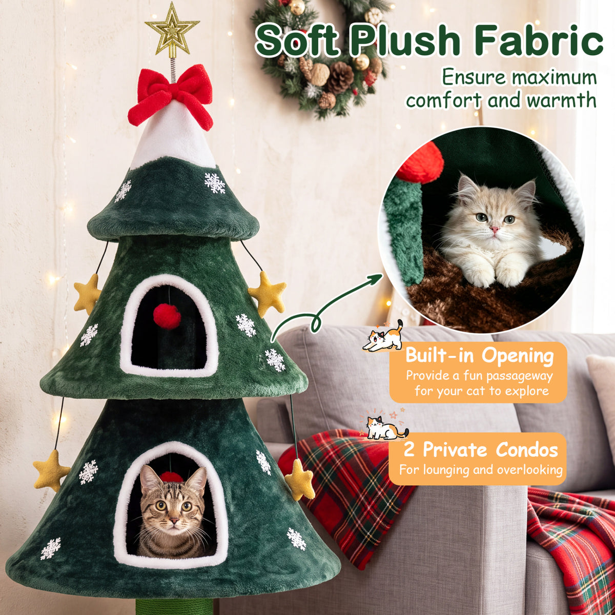 54 Inch Christmas Cat Tree with 2 Private Condos for Indoor Cats-Green