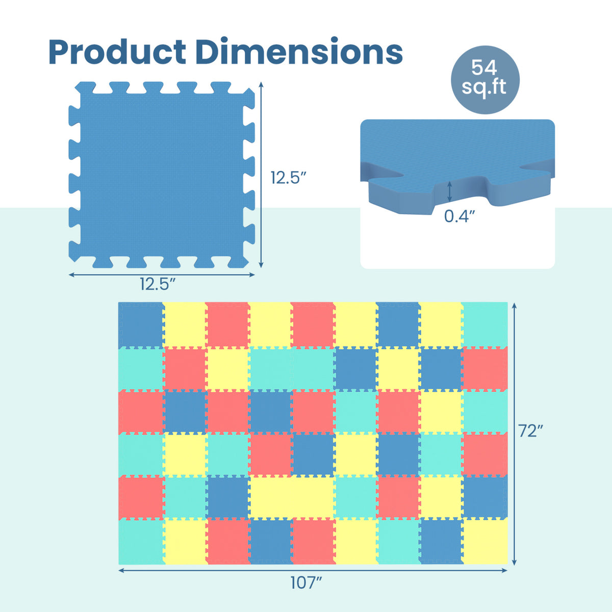 54 Pack EVA Foam Floor Tiles with Non-Slip & Borders for Home Gym-Multicolor