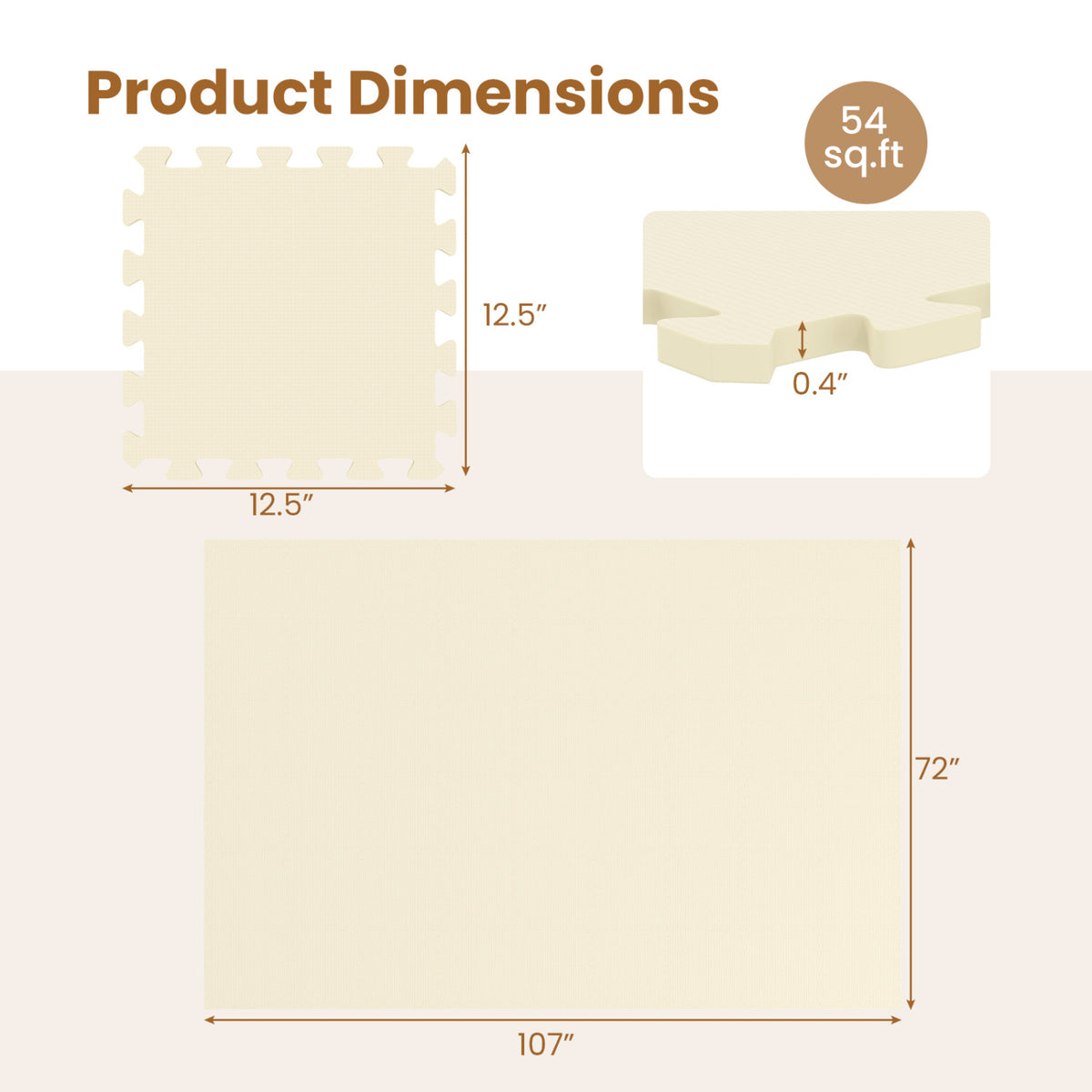 54 Pack EVA Foam Floor Tiles with Non-Slip & Borders for Home Gym-Beige