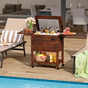 54 Quart Wooden Cooler Cart for Patio Rolling Ice Chest with Shelves-Brown