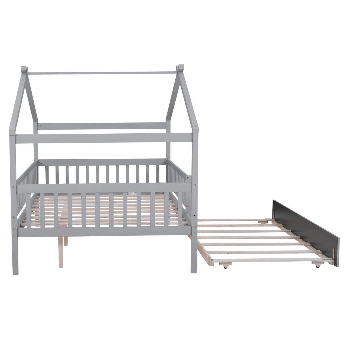 The Creativity House Bed features a grey frame with slatted base, roof-like design, and safety rails. It includes a partially extended twin-size trundle on the right side.
