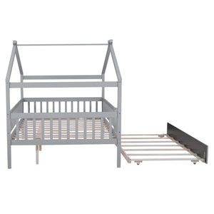 The Creativity House Bed features a grey frame with slatted base, roof-like design, and safety rails. It includes a partially extended twin-size trundle on the right side.