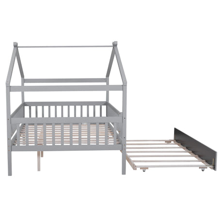 The Creativity House Bed features a grey frame with slatted base, roof-like design, and safety rails. It includes a partially extended twin-size trundle on the right side.