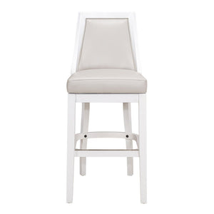 31" Gray And White Faux Leather And Solid Wood Bar Height Swivel Bar Chair