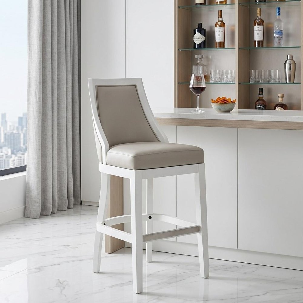 31" Gray And White Faux Leather And Solid Wood Bar Height Swivel Bar Chair