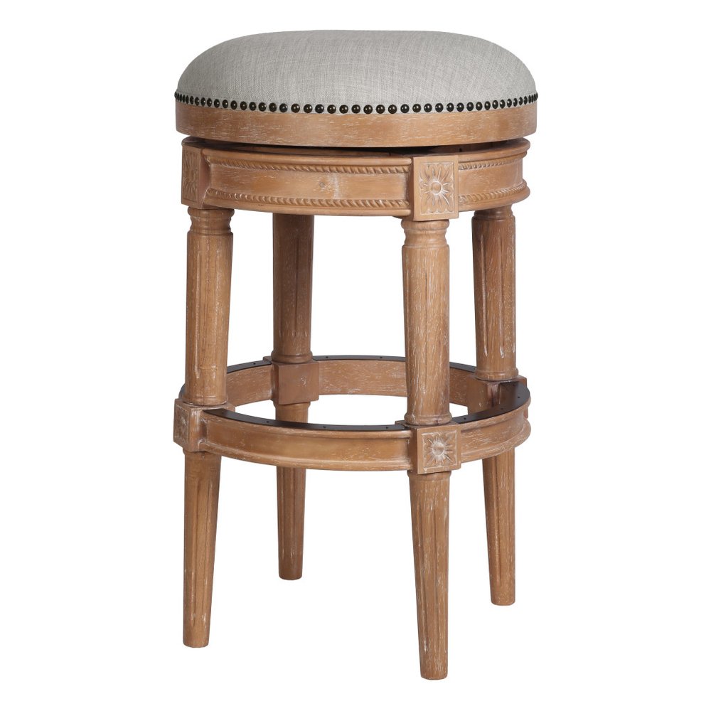 31" Beige And Natural Fabric And Solid Wood Backless Bar Height Swivel Bar Chair