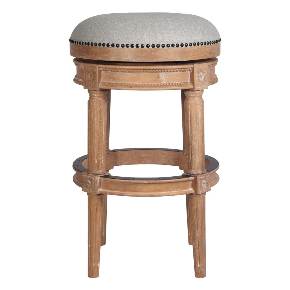 31" Beige And Natural Fabric And Solid Wood Backless Bar Height Swivel Bar Chair