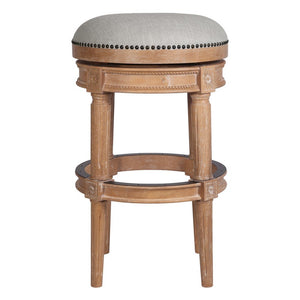 31" Beige And Natural Fabric And Solid Wood Backless Bar Height Swivel Bar Chair