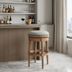 31" Beige And Natural Solid Wood Swivel Backless Bar Height Bar Chair