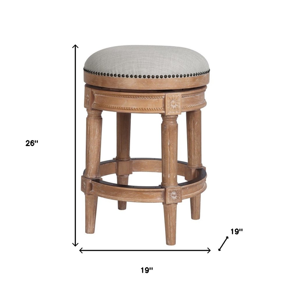 26" Beige And Natural Fabric And Solid Wood Backless Counter Height Swivel Bar Chair