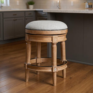 26" Beige And Natural Solid Wood Swivel Backless Counter Height Bar Chair