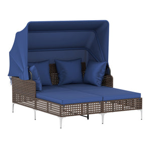 Outdoor Daybed with Retractable Canopy PE Wicker Rattan Patio Lounger-Navy