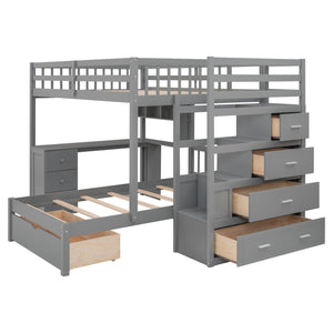 A gray L-shaped wooden frame bunk bed featuring an integrated desk, drawers, storage shelves, guardrails on the upper bunk, and an empty pull-out drawer beneath the lower bunk. Known as the Bunk Bed With Desk, Drawers And Shelves.
