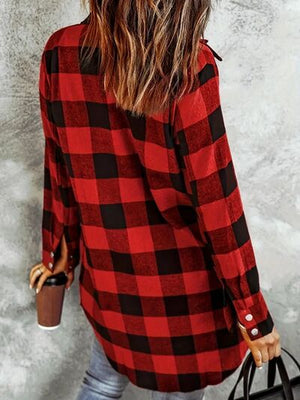 Deep Red Plaid Collared Neck Snap-Down Long Sleeve Jacket – Classic & Trendy Outerwear with Pockets