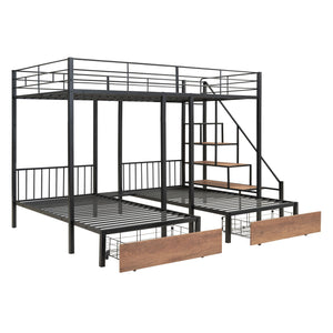 Full Over Twin-Twin Triple Bunk Bed With Drawers And Staircase - Black by Couch.com