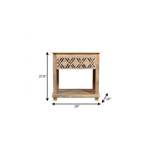28" Natural Solid Wood Carved Geometric One Drawer Nightstand
