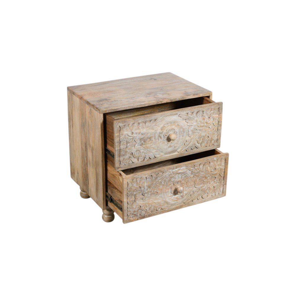 24" Natural Two Drawer Distressed Carved Floral Solid Wood Nightstand