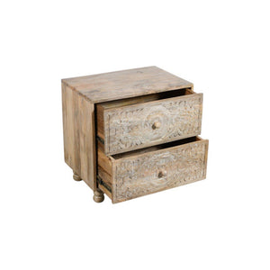 24" Natural Two Drawer Distressed Carved Floral Solid Wood Nightstand