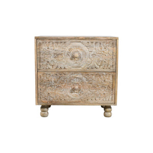 24" Natural Two Drawer Distressed Carved Floral Solid Wood Nightstand