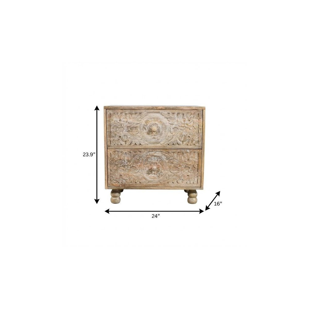 24" Natural Two Drawer Distressed Carved Floral Solid Wood Nightstand