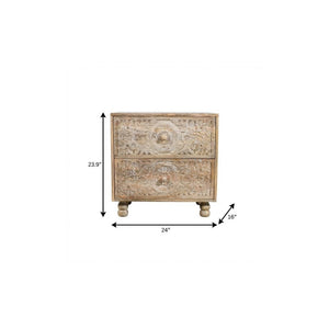 24" Natural Two Drawer Distressed Carved Floral Solid Wood Nightstand