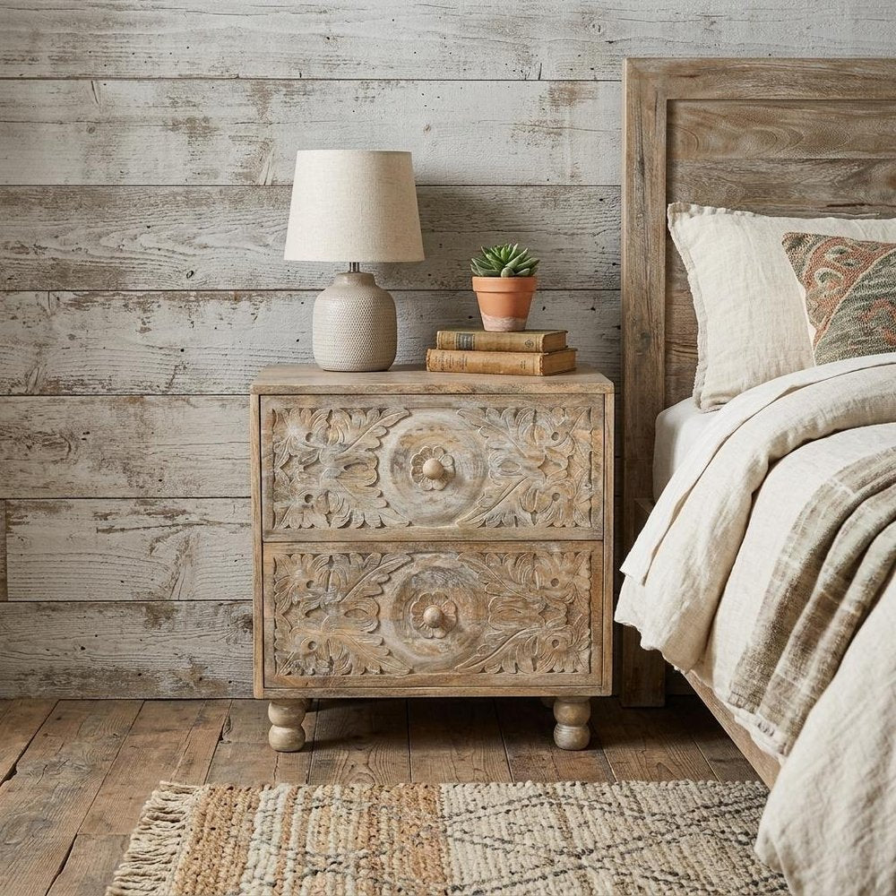 24" Natural Two Drawer Distressed Carved Floral Solid Wood Nightstand