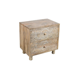 24" Natural Two Drawer Distressed Carved Floral Solid Wood Nightstand