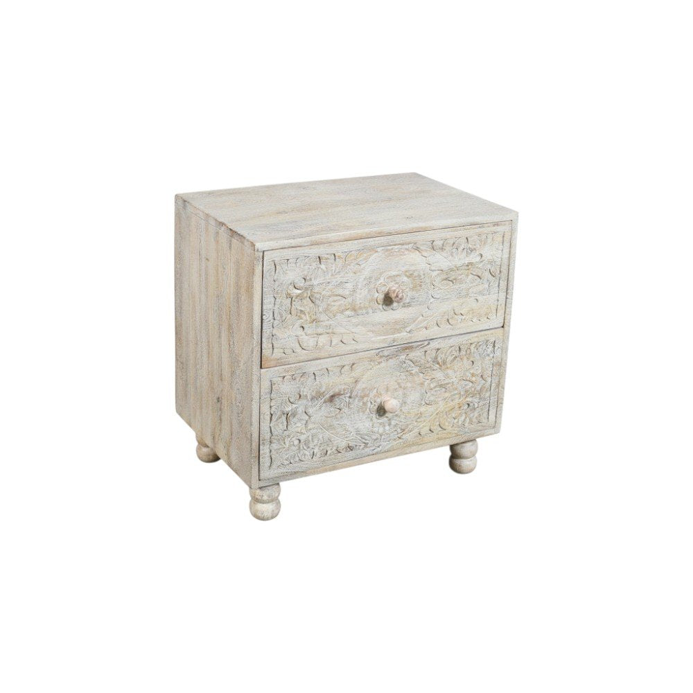 24" Natural And White Solid Wood Distressed Carved Scrollwork Two Drawer Nightstand