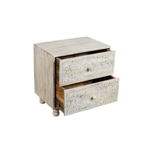24" Natural And White Solid Wood Distressed Carved Scrollwork Two Drawer Nightstand