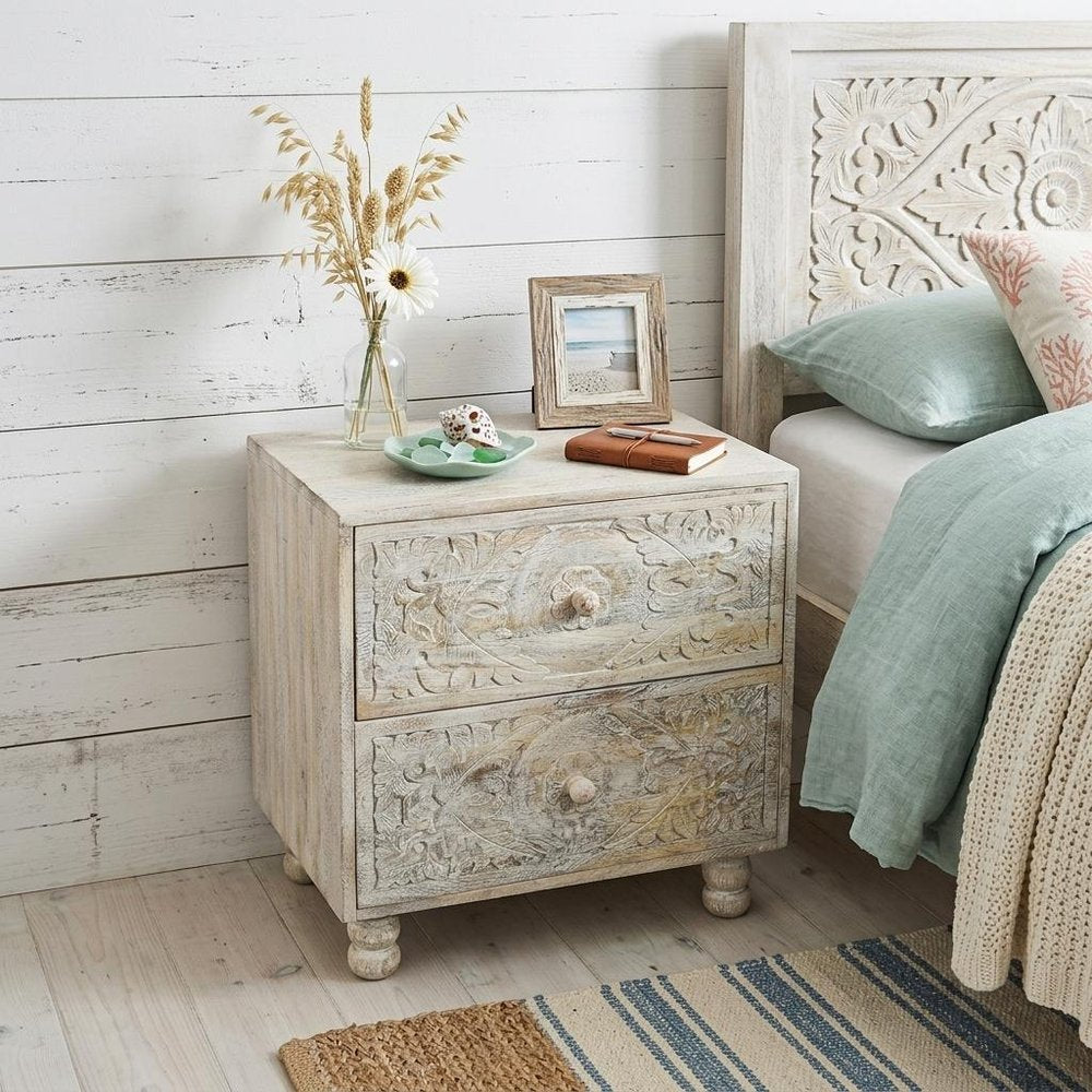 24" Natural And White Solid Wood Distressed Carved Scrollwork Two Drawer Nightstand