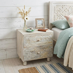 24" Natural And White Solid Wood Distressed Carved Scrollwork Two Drawer Nightstand