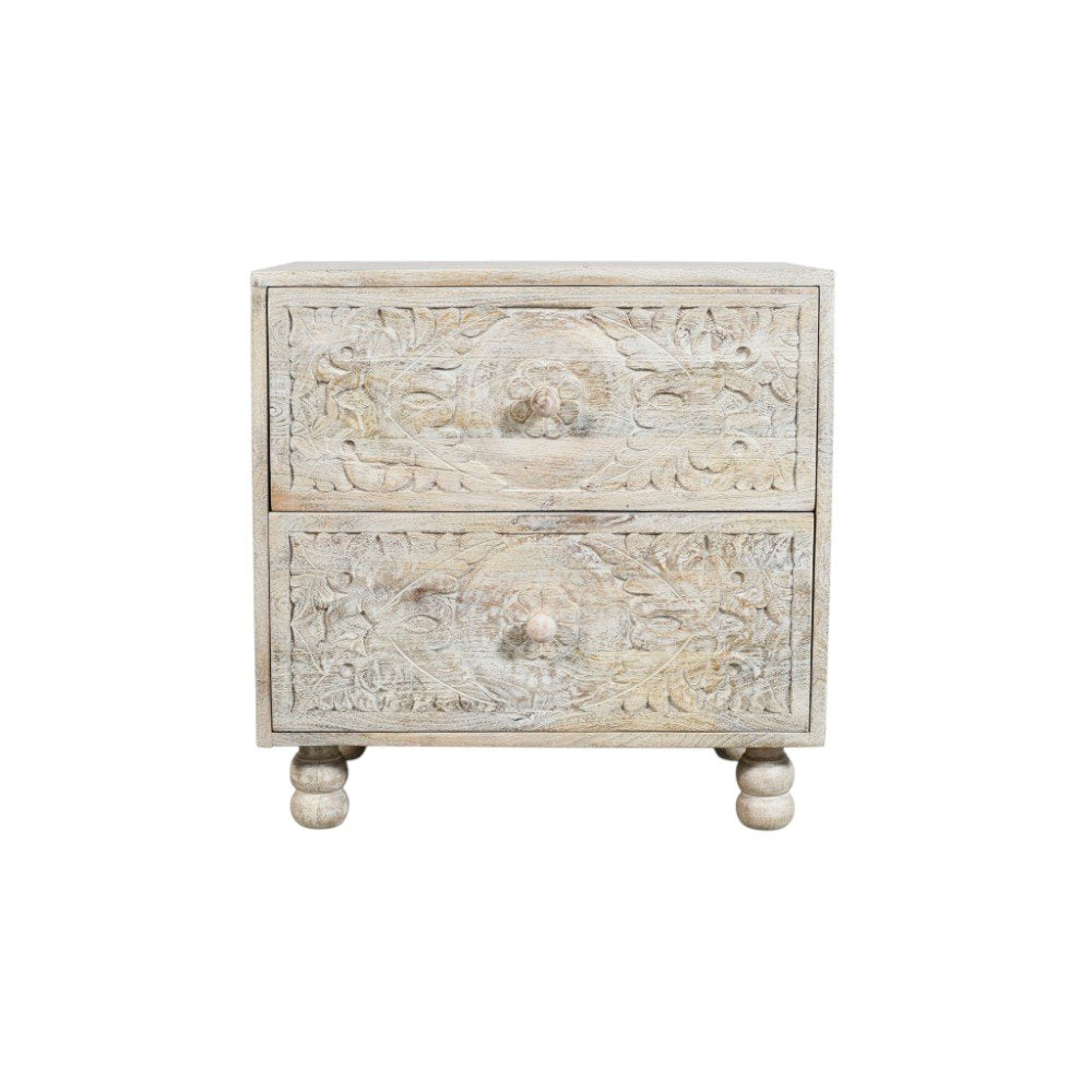 24" Natural And White Solid Wood Distressed Carved Scrollwork Two Drawer Nightstand