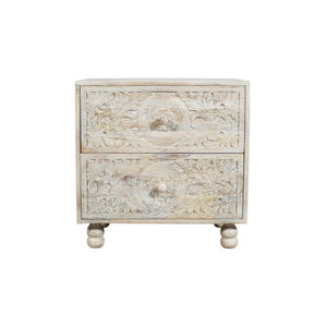 24" Natural And White Solid Wood Carved Scrollwork Two Drawer Nightstand