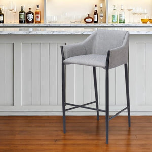 30" Slate Gray And Black Fabric And Steel Bar Height Bar Chair