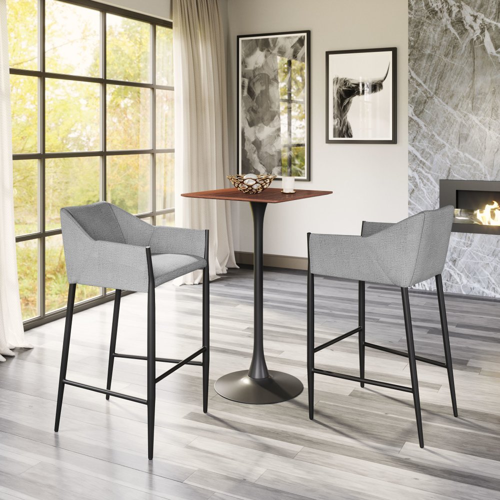 30" Slate Gray And Black Fabric And Steel Bar Height Bar Chair