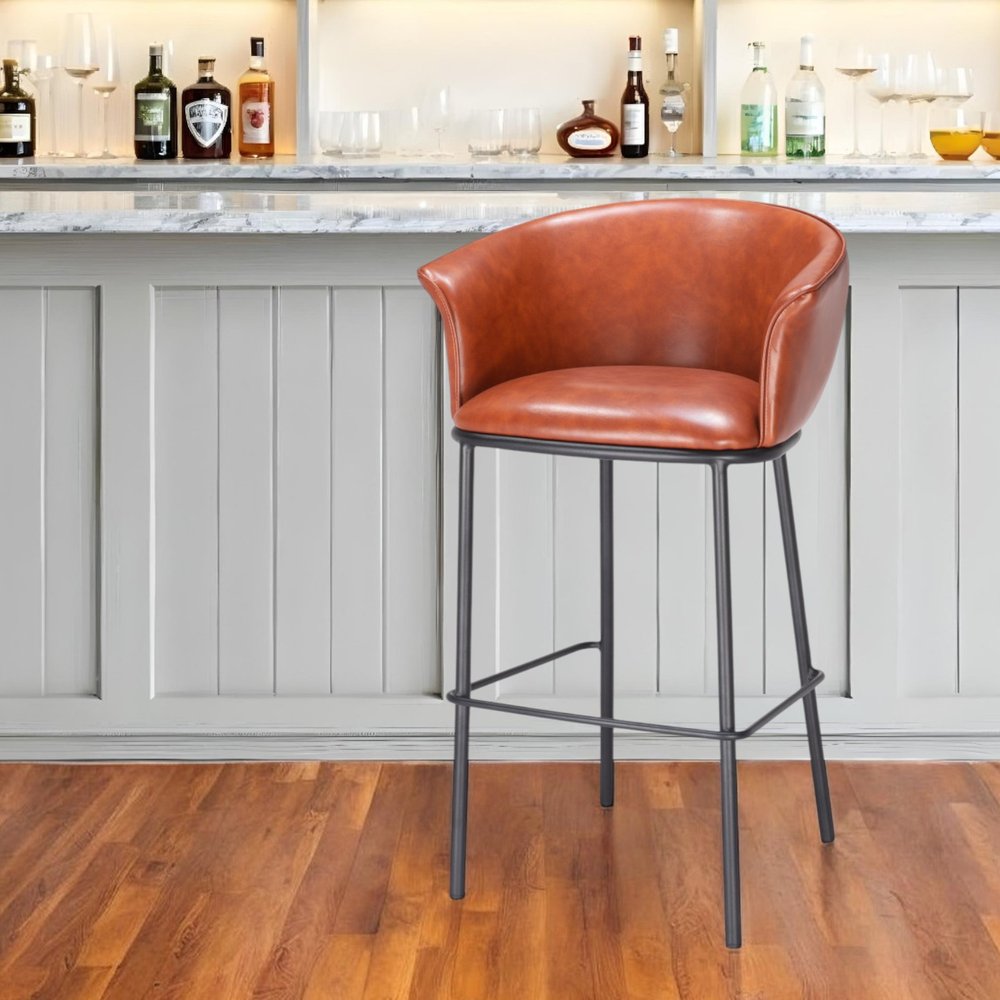 30" Brown And Black Faux Leather And Steel Bar Height Bar Chair