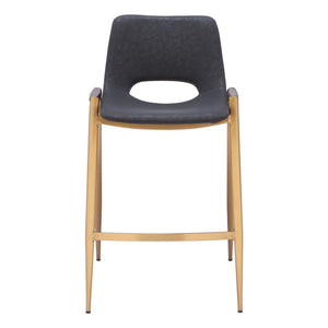 Set of Two 26" Black And Gold Faux Leather And Steel Low Back Counter Height Bar Chairs