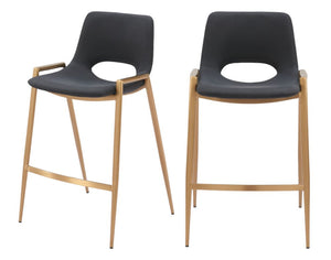Set of Two 26" Black And Gold Faux Leather And Steel Low Back Counter Height Bar Chairs