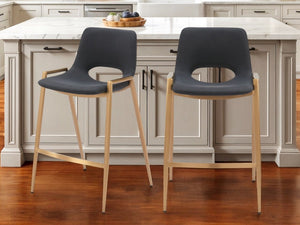 Set of Two 26" Black And Gold Faux Leather And Steel Low Back Counter Height Bar Chairs