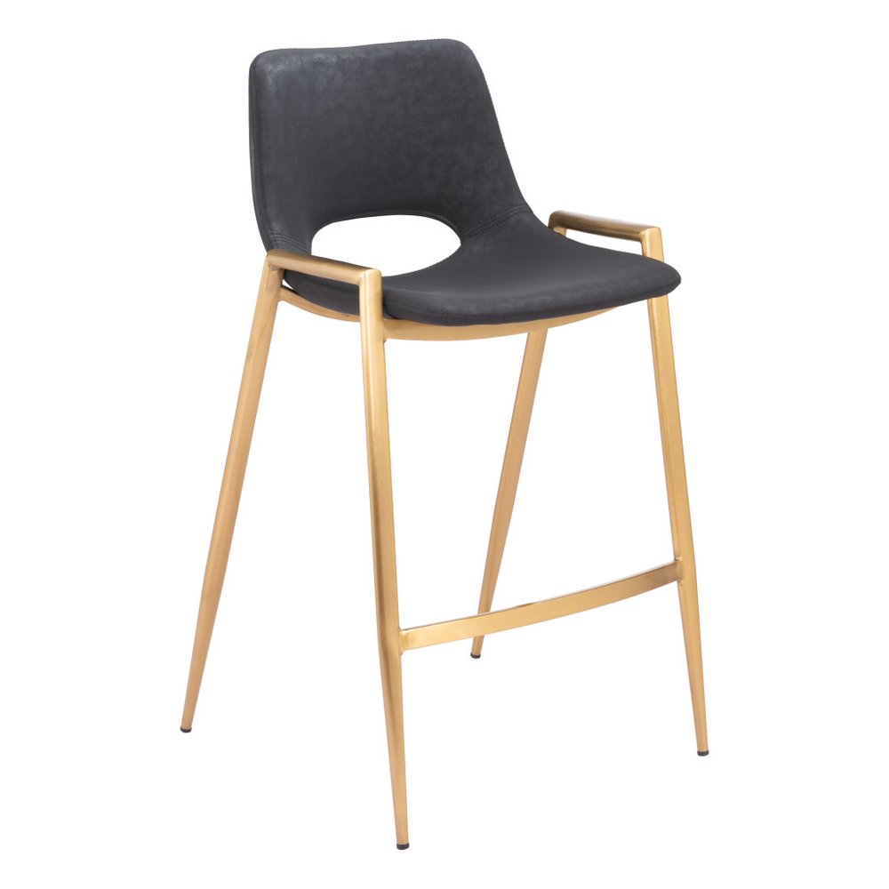 Set of Two 26" Black And Gold Faux Leather And Steel Low Back Counter Height Bar Chairs