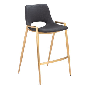 Set of Two 26" Black And Gold Faux Leather And Steel Low Back Counter Height Bar Chairs