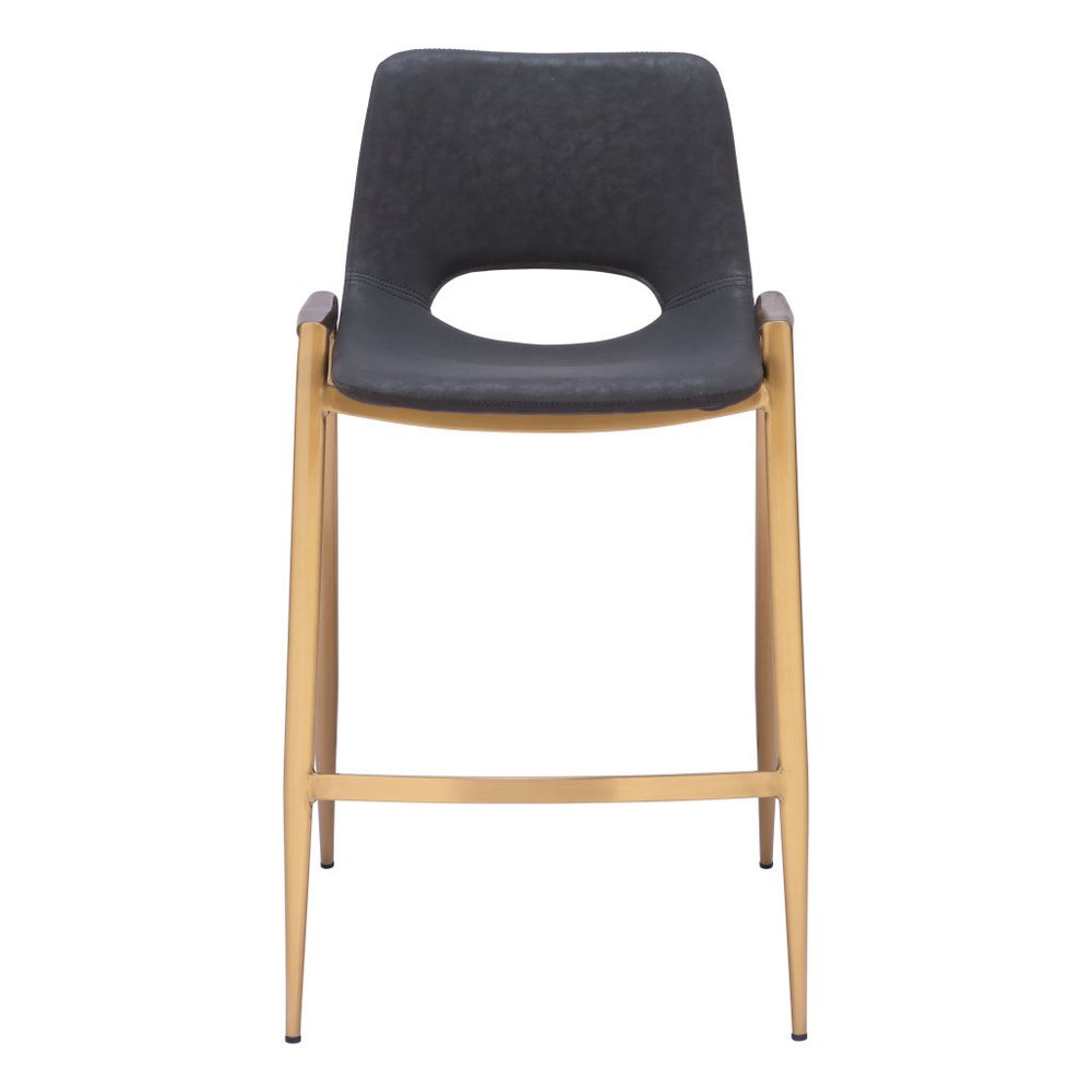 Set of Two 26" Black And Gold Faux Leather And Steel Low Back Counter Height Bar Chairs