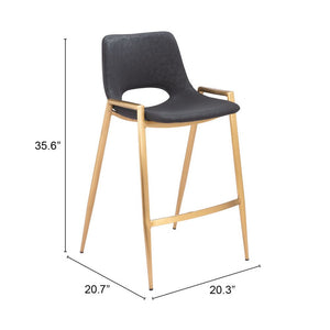 Set of Two 26" Black And Gold Faux Leather And Steel Low Back Counter Height Bar Chairs