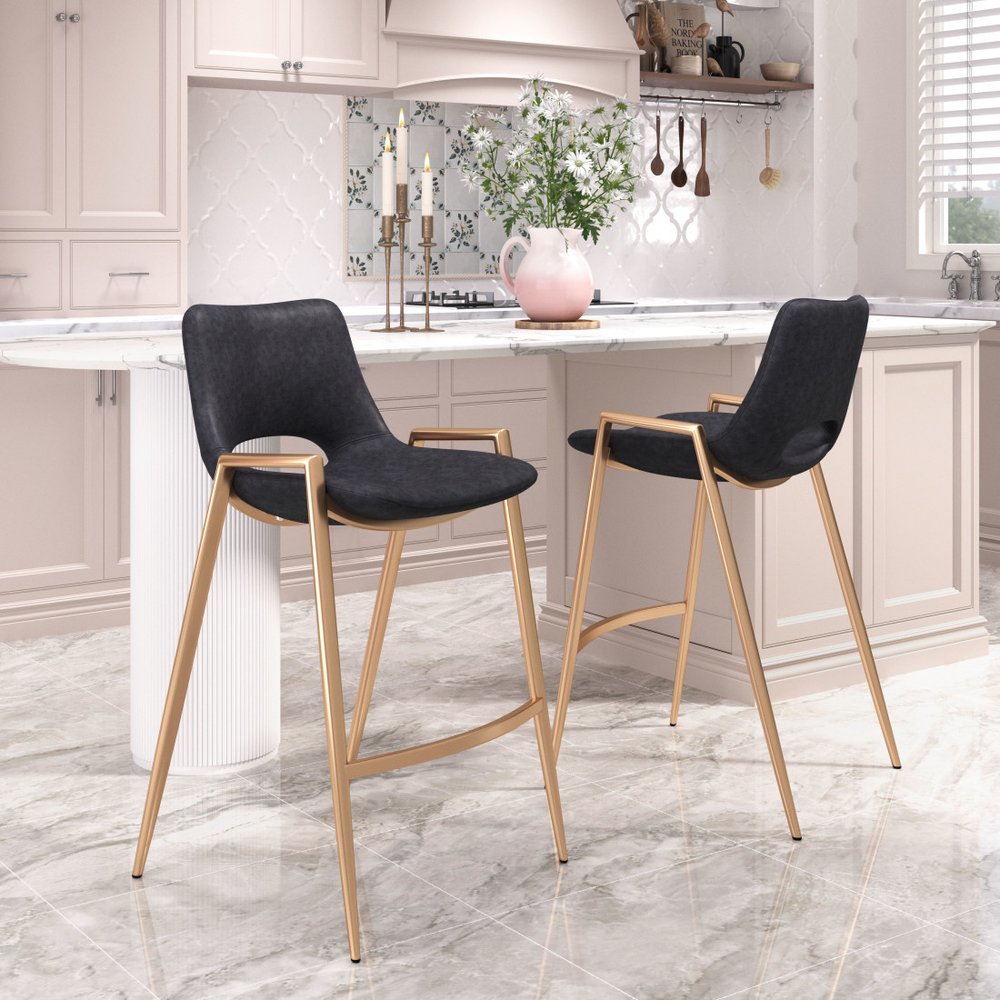 Set of Two 26" Black And Gold Faux Leather And Steel Low Back Counter Height Bar Chairs