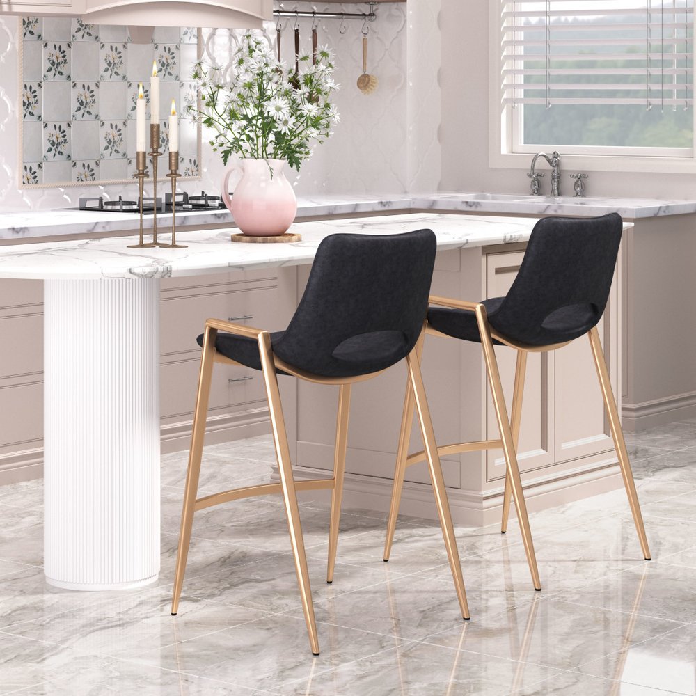 Set of Two 26" Black And Gold Faux Leather And Steel Low Back Counter Height Bar Chairs