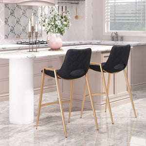 Set of Two 26" Black And Gold Faux Leather And Steel Low Back Counter Height Bar Chairs